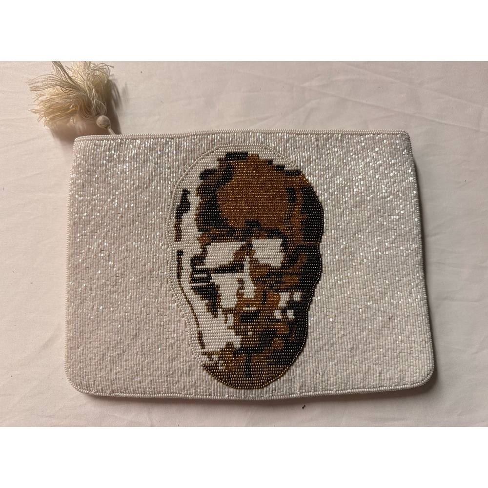 Beaded Skull Clutch Clever Carriage Company Medium White Zip Closure NWT